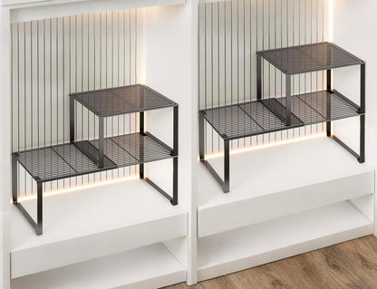 Extendable Metal Wire Shelf Organizer - Adjustable 15-24.4in Length, Stackable Storage Rack for Kitchen/Pantry/Bathroom/Shoe Cabinet/Tool Closet (1,Black)