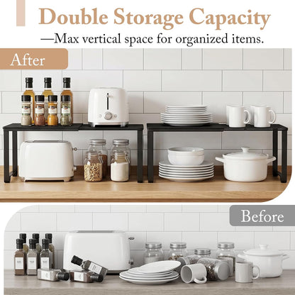 Extendable Metal Wire Shelf Organizer - Adjustable 15-24.4in Length, Stackable Storage Rack for Kitchen/Pantry/Bathroom/Shoe Cabinet/Tool Closet (1,Black)