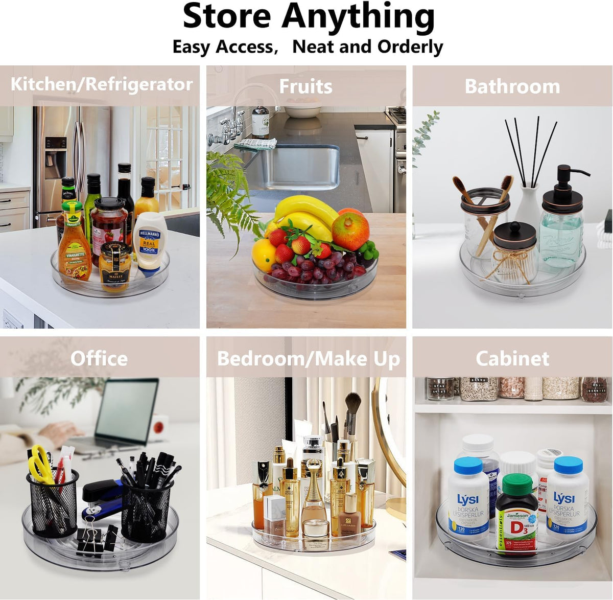 Lazy Susan Organizer, 360 Rotating Turntable Organizer (11") | Refrigerator Organizers and Storage, Lazy Susan for Cabinet, Pantry Organizer, Spice Rack Condiment Organizer, Kitchen Tray