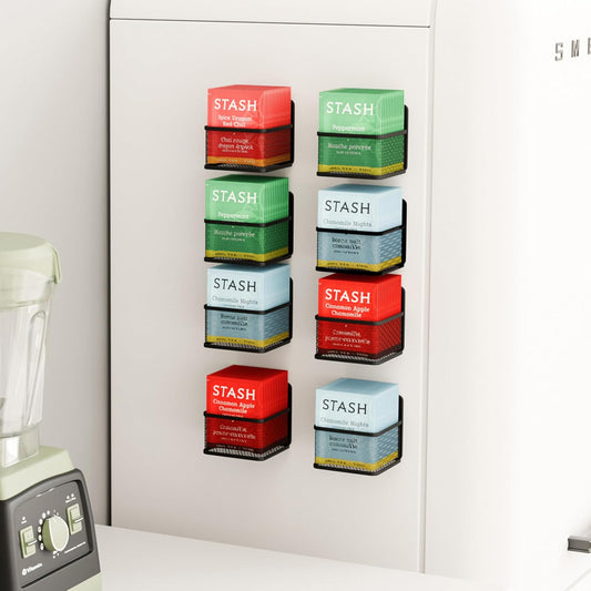 Magnetic 8 Pack Tea Bag Organizer, Metal Tea Bag Holder Coffee Packets organizers for Refrigerator Fridge For Kitchen Organizers and Storage (8P-Black)