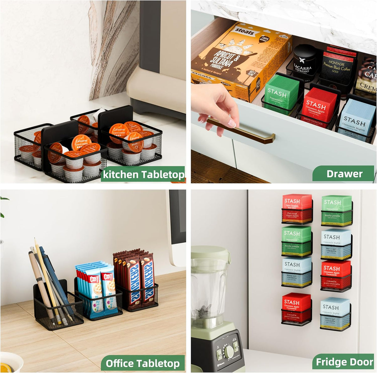 Magnetic 8 Pack Tea Bag Organizer, Metal Tea Bag Holder Coffee Packets organizers for Refrigerator Fridge For Kitchen Organizers and Storage (8P-Black)