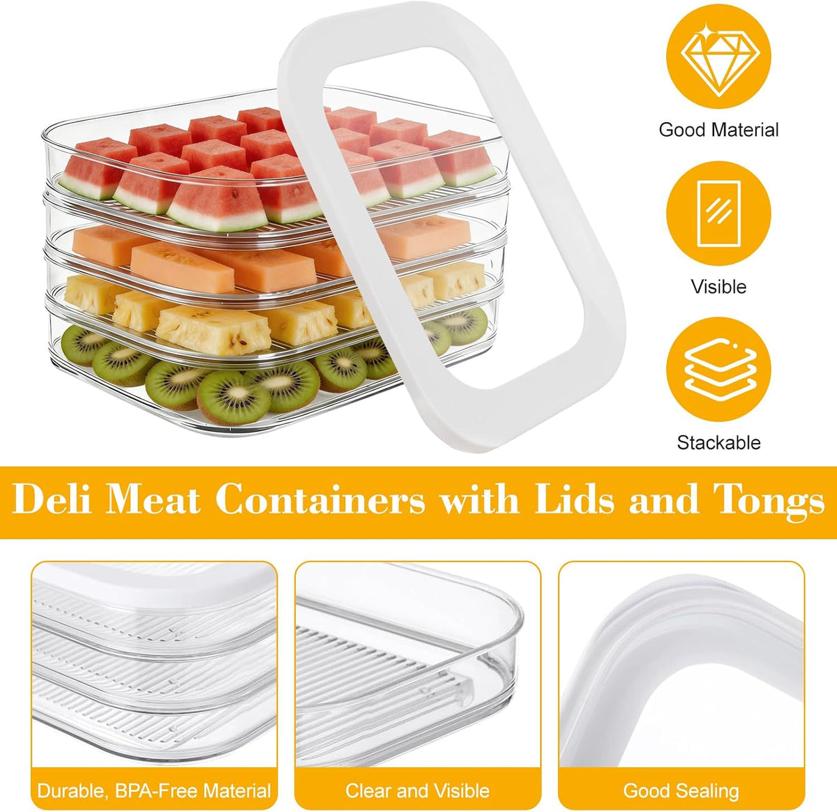 Multi-Layer Deli Containers with Lids, Deli Meat Container for Fridge with Tong, Stackable Bacon Container for Refrigerator, Lunch Meat Storage Box for Ham Cheese Cold Cuts, BPA Free