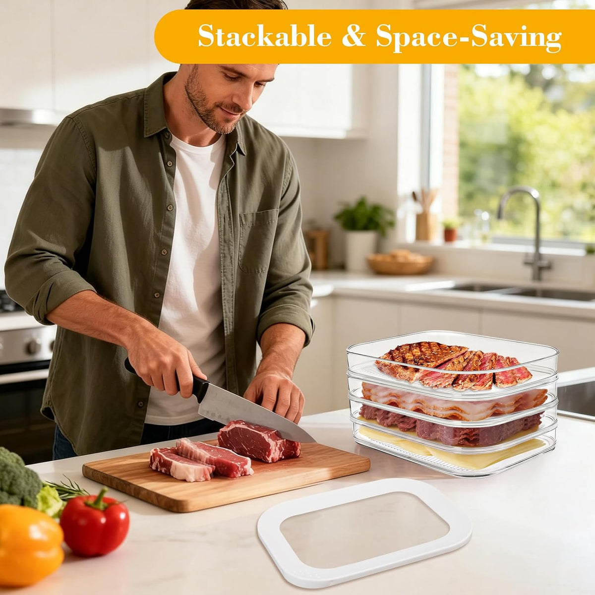 Multi-Layer Deli Containers with Lids, Deli Meat Container for Fridge with Tong, Stackable Bacon Container for Refrigerator, Lunch Meat Storage Box for Ham Cheese Cold Cuts, BPA Free