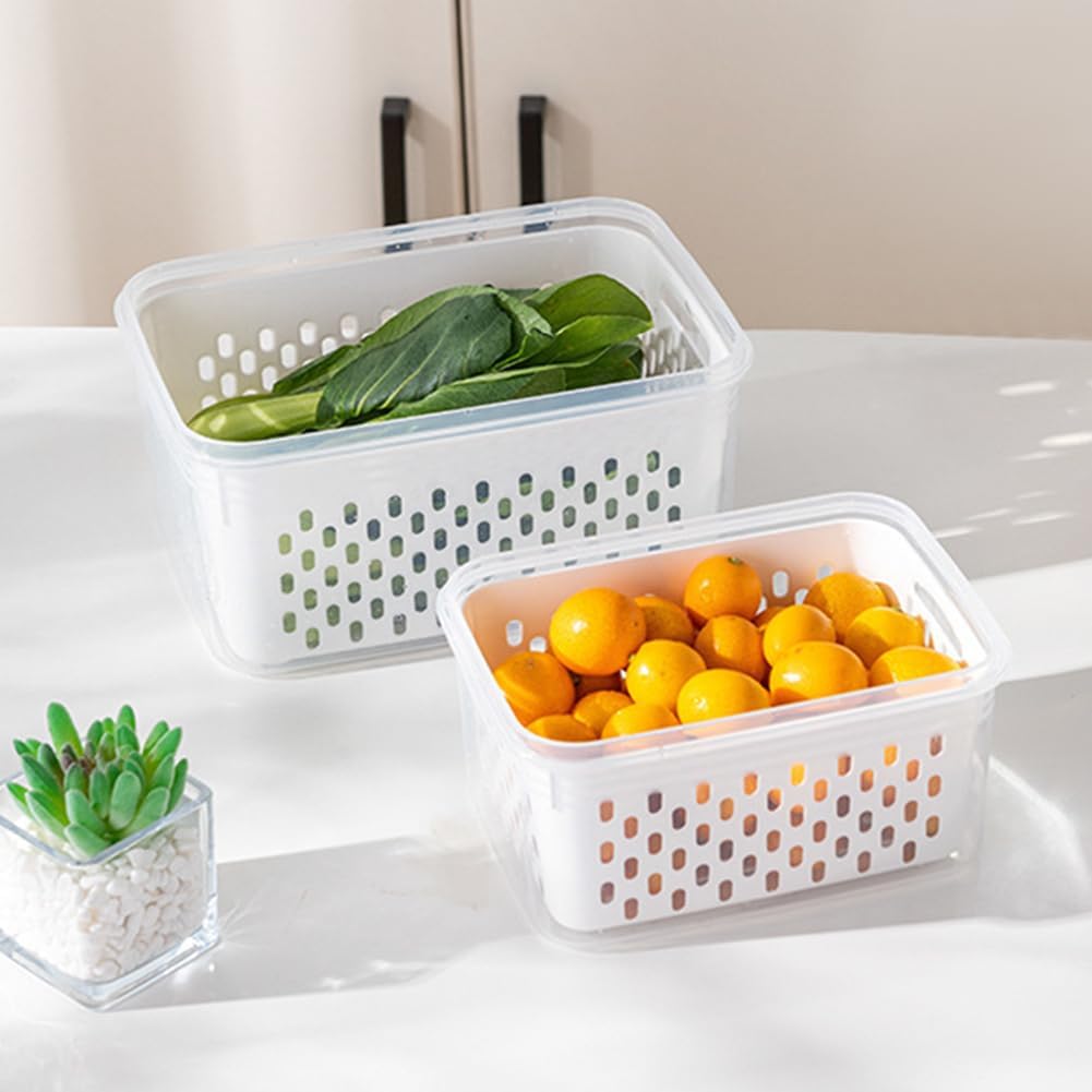 Fruit Storage Container for Fridge, Leakproof Food Storage Containers, Plastic Fresh Produce Saver Vegetable Fruit Meat Storages Organization, Plastic Produce Keepers(M+L)