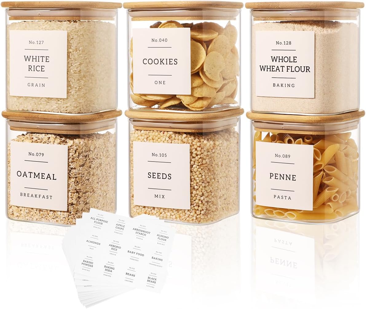 5 Pack Square Glass Pantry Storage Containers with 132 Kitchen Food Pantry Labels - Clear Glass Pantry Jars with Airtight Wood Bamboo Lids - Glass Canisters for Pasta, Cereal, Coffee, Flour, Sugar