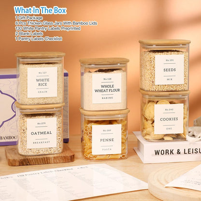 5 Pack Square Glass Pantry Storage Containers with 132 Kitchen Food Pantry Labels - Clear Glass Pantry Jars with Airtight Wood Bamboo Lids - Glass Canisters for Pasta, Cereal, Coffee, Flour, Sugar