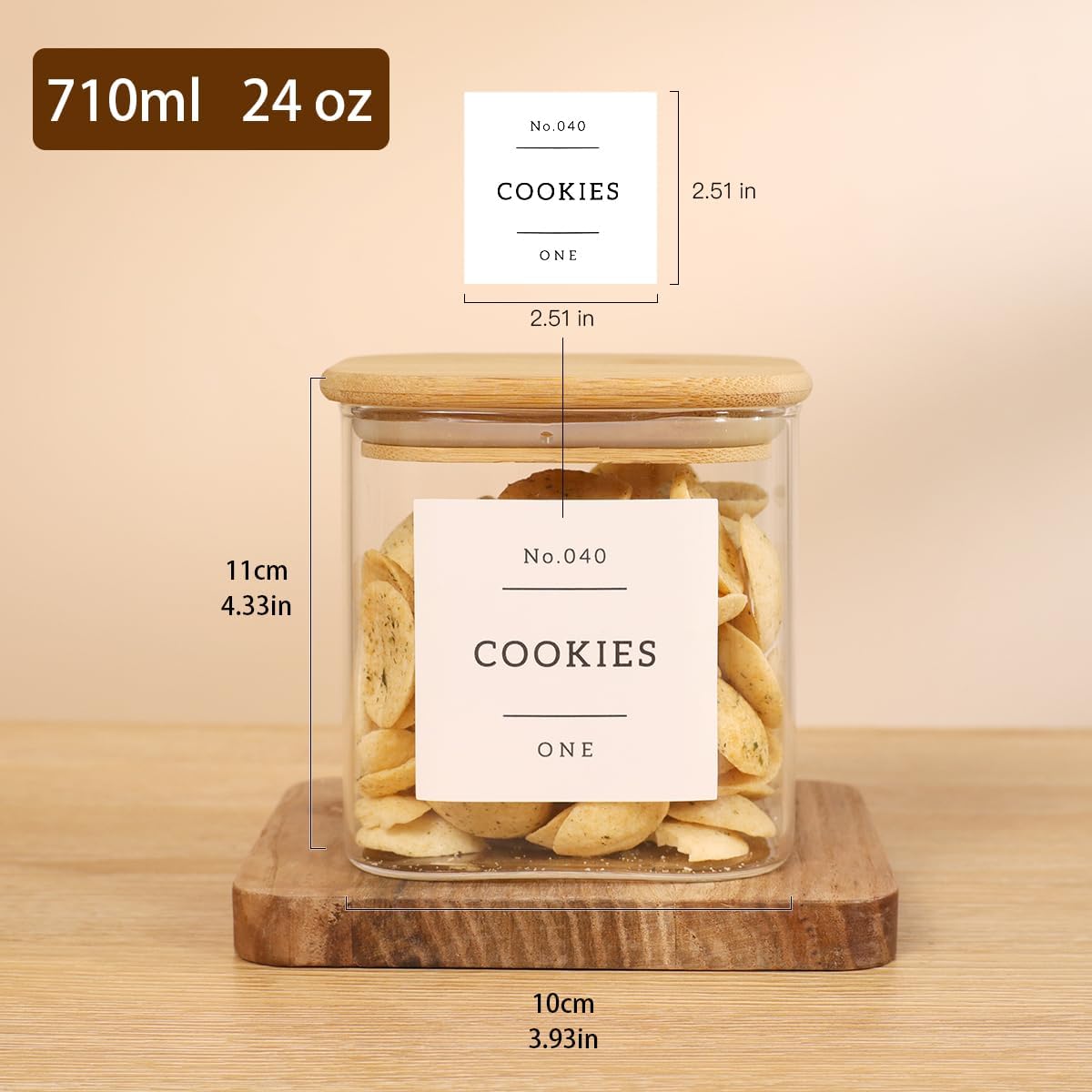 5 Pack Square Glass Pantry Storage Containers with 132 Kitchen Food Pantry Labels - Clear Glass Pantry Jars with Airtight Wood Bamboo Lids - Glass Canisters for Pasta, Cereal, Coffee, Flour, Sugar