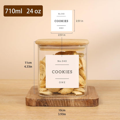 5 Pack Square Glass Pantry Storage Containers with 132 Kitchen Food Pantry Labels - Clear Glass Pantry Jars with Airtight Wood Bamboo Lids - Glass Canisters for Pasta, Cereal, Coffee, Flour, Sugar
