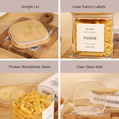 5 Pack Square Glass Pantry Storage Containers with 132 Kitchen Food Pantry Labels - Clear Glass Pantry Jars with Airtight Wood Bamboo Lids - Glass Canisters for Pasta, Cereal, Coffee, Flour, Sugar