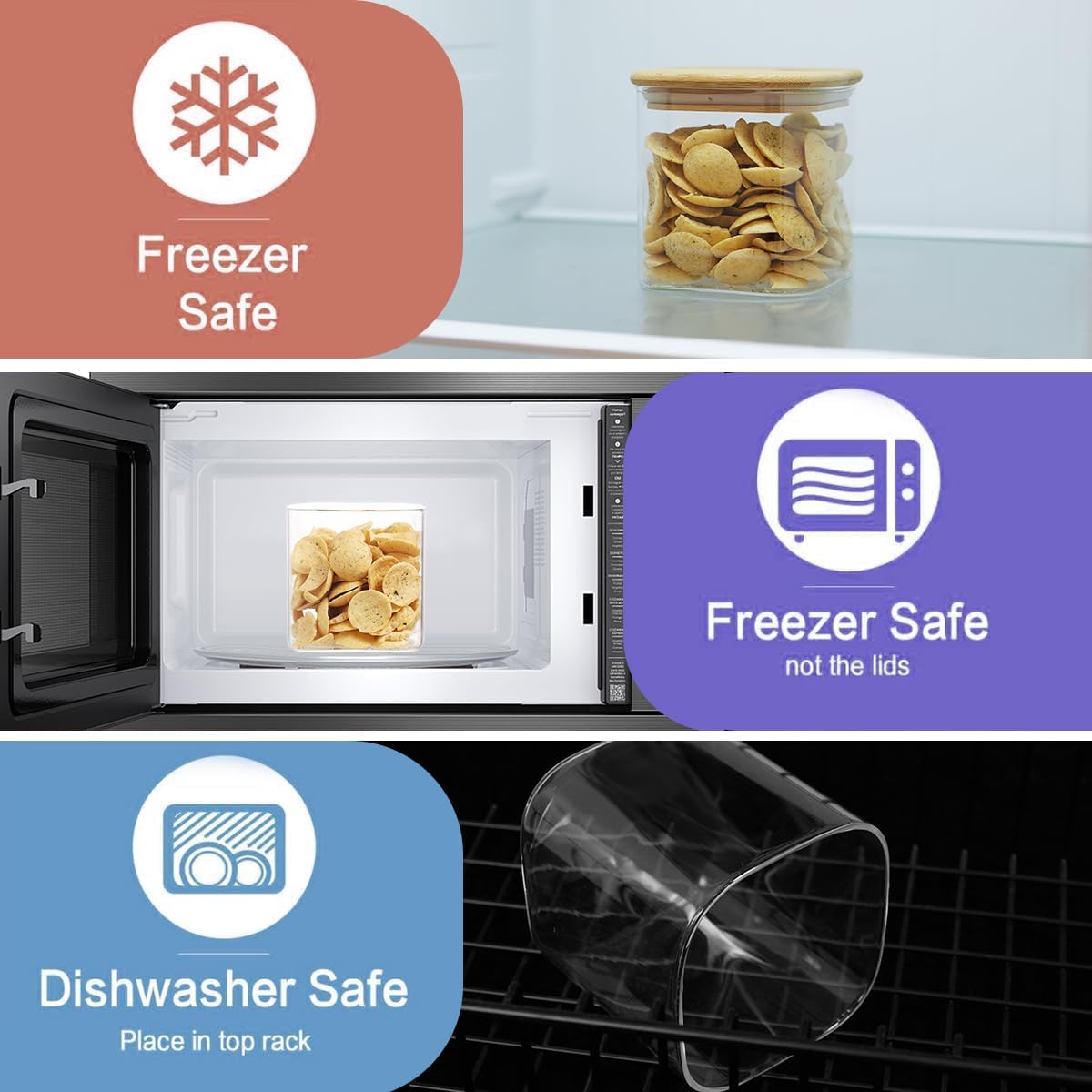 5 Pack Square Glass Pantry Storage Containers with 132 Kitchen Food Pantry Labels - Clear Glass Pantry Jars with Airtight Wood Bamboo Lids - Glass Canisters for Pasta, Cereal, Coffee, Flour, Sugar