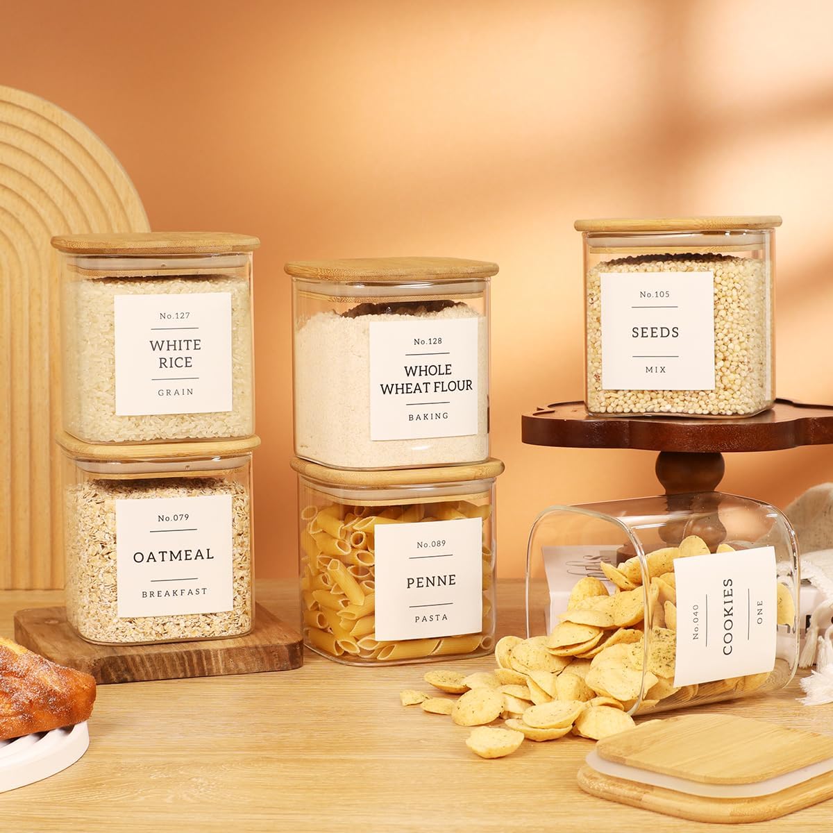 5 Pack Square Glass Pantry Storage Containers with 132 Kitchen Food Pantry Labels - Clear Glass Pantry Jars with Airtight Wood Bamboo Lids - Glass Canisters for Pasta, Cereal, Coffee, Flour, Sugar