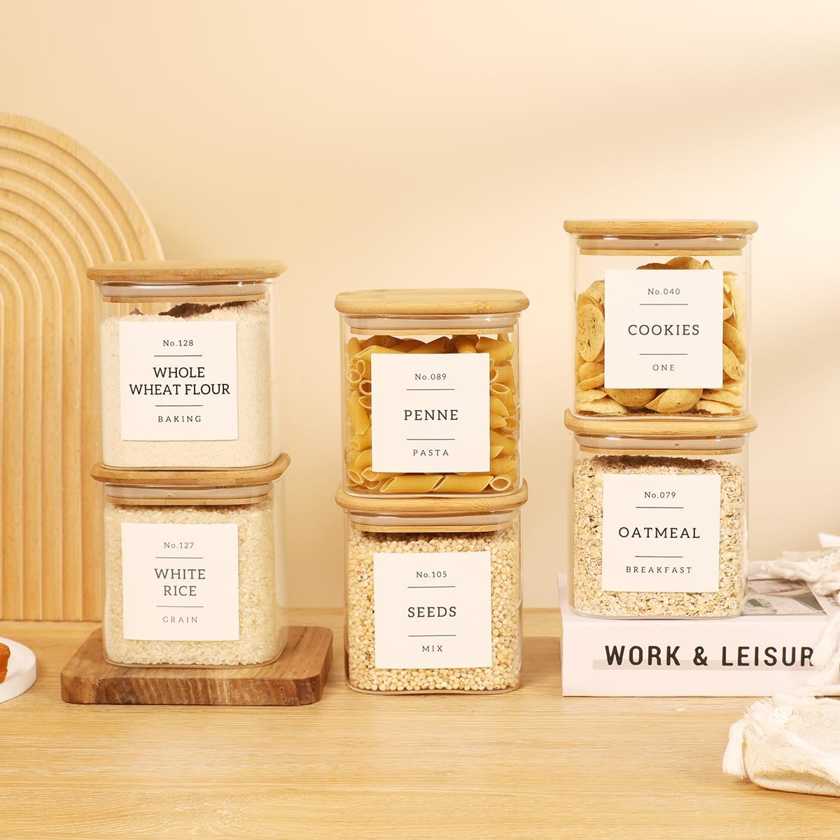 5 Pack Square Glass Pantry Storage Containers with 132 Kitchen Food Pantry Labels - Clear Glass Pantry Jars with Airtight Wood Bamboo Lids - Glass Canisters for Pasta, Cereal, Coffee, Flour, Sugar