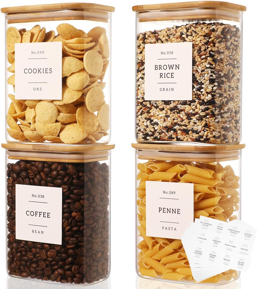 5 Pack Square Glass Pantry Storage Containers with 132 Kitchen Food Pantry Labels - Clear Glass Pantry Jars with Airtight Wood Bamboo Lids - Glass Canisters for Pasta, Cereal, Coffee, Flour, Sugar