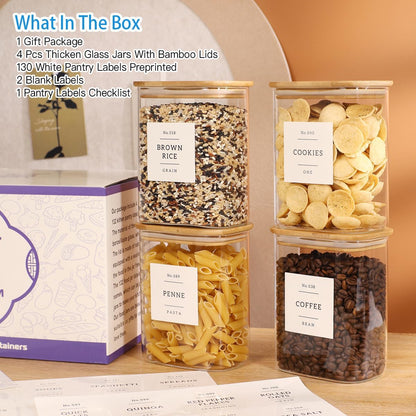 5 Pack Square Glass Pantry Storage Containers with 132 Kitchen Food Pantry Labels - Clear Glass Pantry Jars with Airtight Wood Bamboo Lids - Glass Canisters for Pasta, Cereal, Coffee, Flour, Sugar