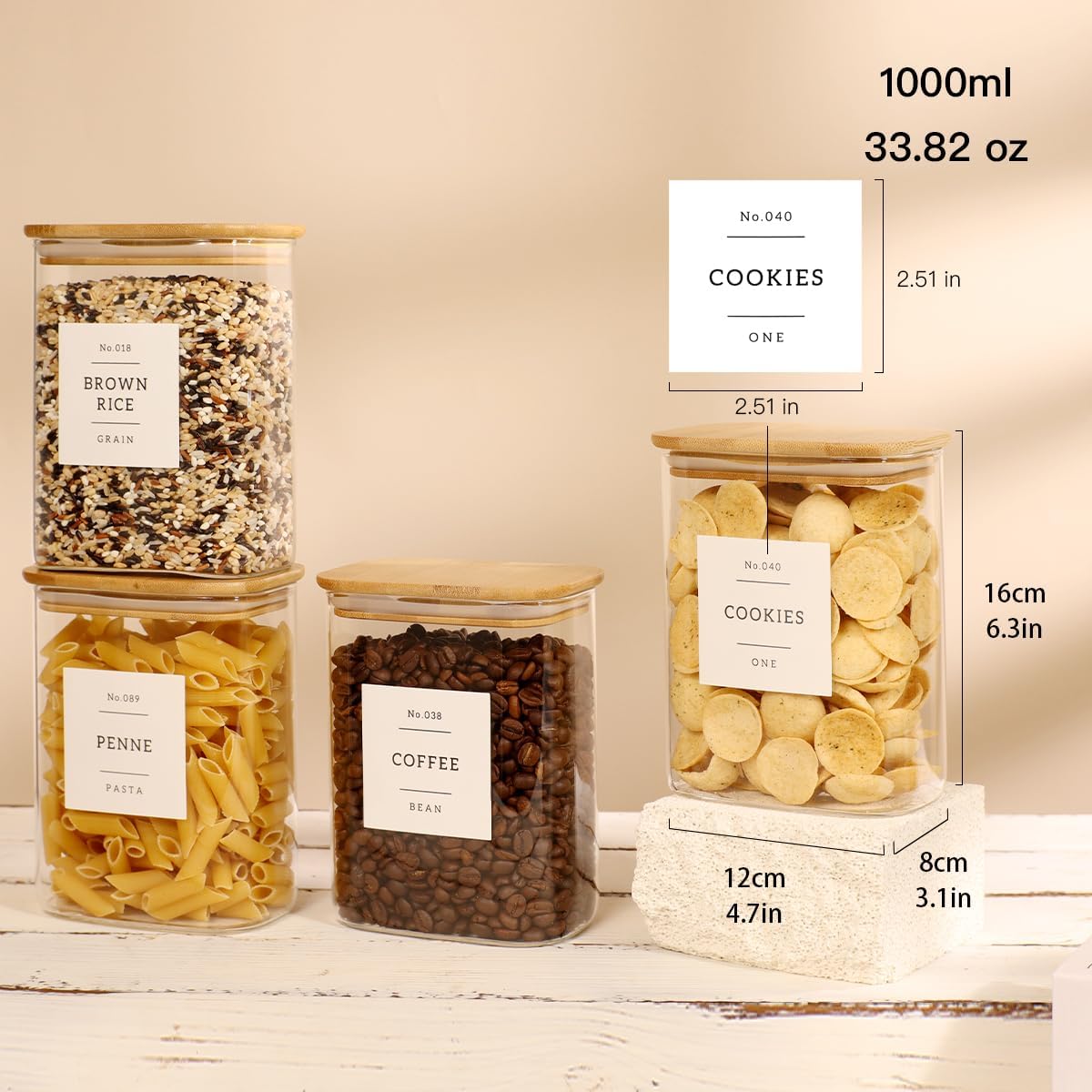 5 Pack Square Glass Pantry Storage Containers with 132 Kitchen Food Pantry Labels - Clear Glass Pantry Jars with Airtight Wood Bamboo Lids - Glass Canisters for Pasta, Cereal, Coffee, Flour, Sugar