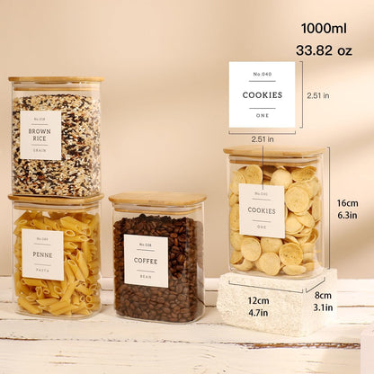 5 Pack Square Glass Pantry Storage Containers with 132 Kitchen Food Pantry Labels - Clear Glass Pantry Jars with Airtight Wood Bamboo Lids - Glass Canisters for Pasta, Cereal, Coffee, Flour, Sugar