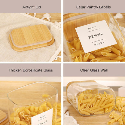 5 Pack Square Glass Pantry Storage Containers with 132 Kitchen Food Pantry Labels - Clear Glass Pantry Jars with Airtight Wood Bamboo Lids - Glass Canisters for Pasta, Cereal, Coffee, Flour, Sugar
