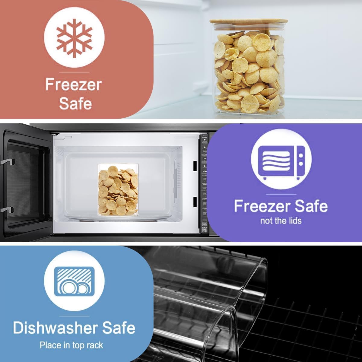 5 Pack Square Glass Pantry Storage Containers with 132 Kitchen Food Pantry Labels - Clear Glass Pantry Jars with Airtight Wood Bamboo Lids - Glass Canisters for Pasta, Cereal, Coffee, Flour, Sugar