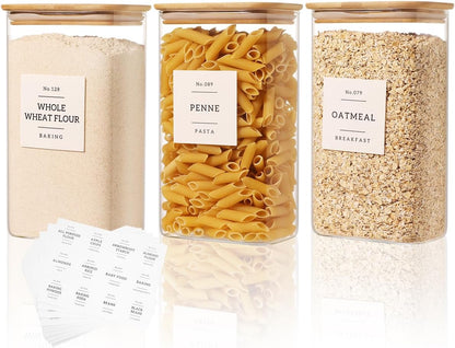 5 Pack Square Glass Pantry Storage Containers with 132 Kitchen Food Pantry Labels - Clear Glass Pantry Jars with Airtight Wood Bamboo Lids - Glass Canisters for Pasta, Cereal, Coffee, Flour, Sugar