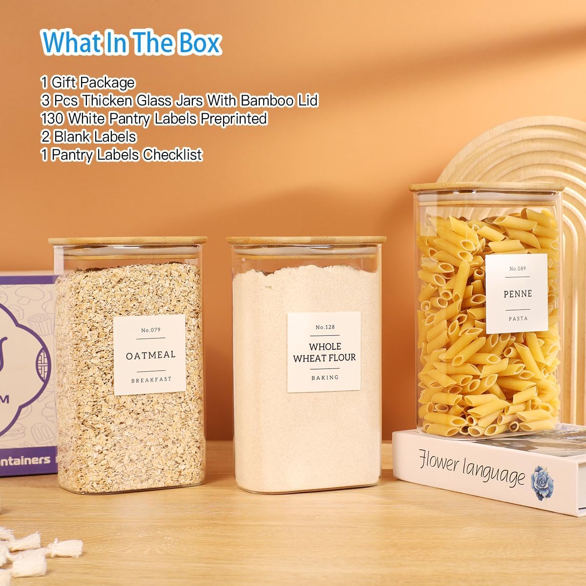 5 Pack Square Glass Pantry Storage Containers with 132 Kitchen Food Pantry Labels - Clear Glass Pantry Jars with Airtight Wood Bamboo Lids - Glass Canisters for Pasta, Cereal, Coffee, Flour, Sugar
