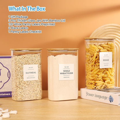 5 Pack Square Glass Pantry Storage Containers with 132 Kitchen Food Pantry Labels - Clear Glass Pantry Jars with Airtight Wood Bamboo Lids - Glass Canisters for Pasta, Cereal, Coffee, Flour, Sugar