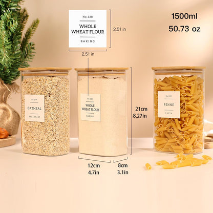 5 Pack Square Glass Pantry Storage Containers with 132 Kitchen Food Pantry Labels - Clear Glass Pantry Jars with Airtight Wood Bamboo Lids - Glass Canisters for Pasta, Cereal, Coffee, Flour, Sugar