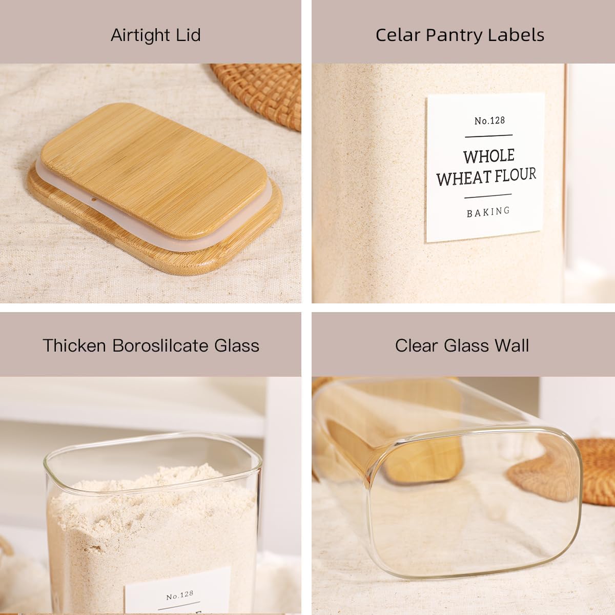 5 Pack Square Glass Pantry Storage Containers with 132 Kitchen Food Pantry Labels - Clear Glass Pantry Jars with Airtight Wood Bamboo Lids - Glass Canisters for Pasta, Cereal, Coffee, Flour, Sugar