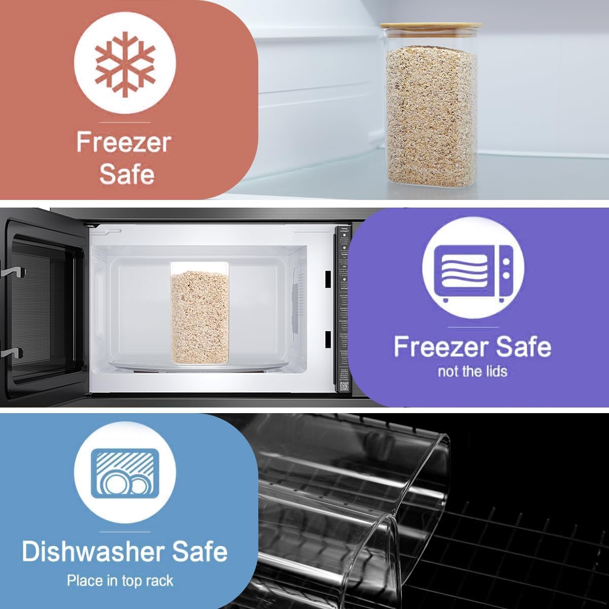 5 Pack Square Glass Pantry Storage Containers with 132 Kitchen Food Pantry Labels - Clear Glass Pantry Jars with Airtight Wood Bamboo Lids - Glass Canisters for Pasta, Cereal, Coffee, Flour, Sugar