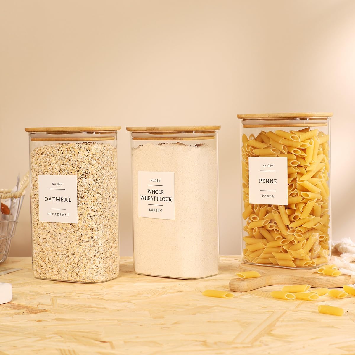 5 Pack Square Glass Pantry Storage Containers with 132 Kitchen Food Pantry Labels - Clear Glass Pantry Jars with Airtight Wood Bamboo Lids - Glass Canisters for Pasta, Cereal, Coffee, Flour, Sugar