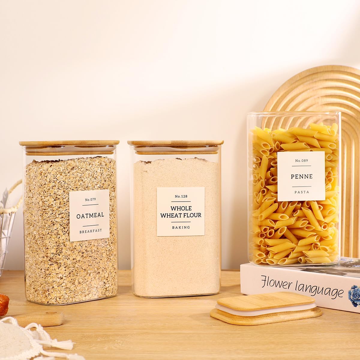 5 Pack Square Glass Pantry Storage Containers with 132 Kitchen Food Pantry Labels - Clear Glass Pantry Jars with Airtight Wood Bamboo Lids - Glass Canisters for Pasta, Cereal, Coffee, Flour, Sugar