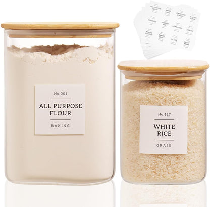 5 Pack Square Glass Pantry Storage Containers with 132 Kitchen Food Pantry Labels - Clear Glass Pantry Jars with Airtight Wood Bamboo Lids - Glass Canisters for Pasta, Cereal, Coffee, Flour, Sugar