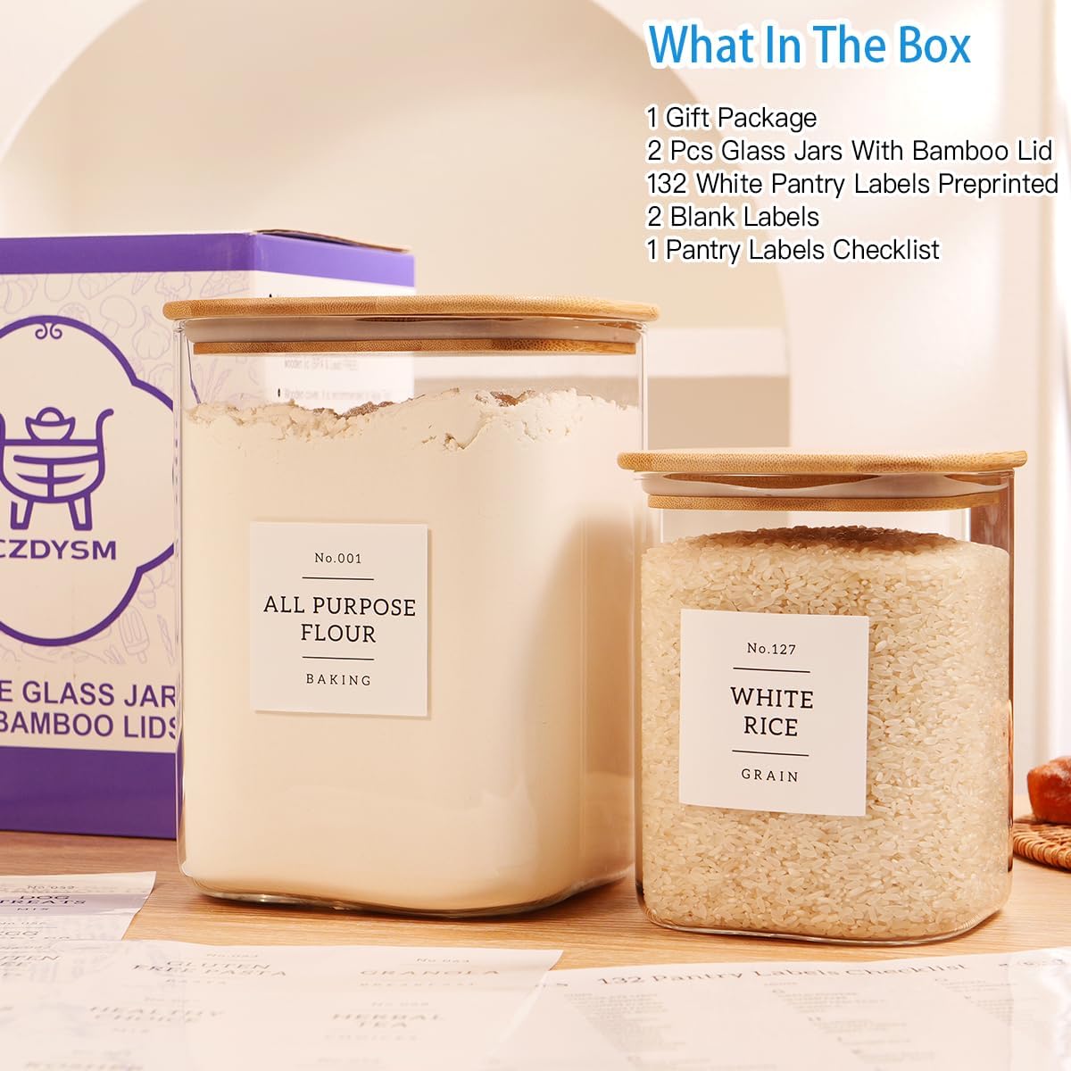 5 Pack Square Glass Pantry Storage Containers with 132 Kitchen Food Pantry Labels - Clear Glass Pantry Jars with Airtight Wood Bamboo Lids - Glass Canisters for Pasta, Cereal, Coffee, Flour, Sugar