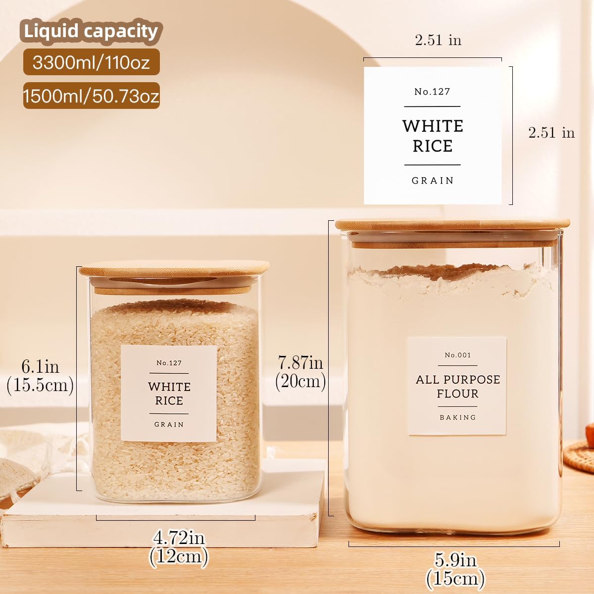 5 Pack Square Glass Pantry Storage Containers with 132 Kitchen Food Pantry Labels - Clear Glass Pantry Jars with Airtight Wood Bamboo Lids - Glass Canisters for Pasta, Cereal, Coffee, Flour, Sugar
