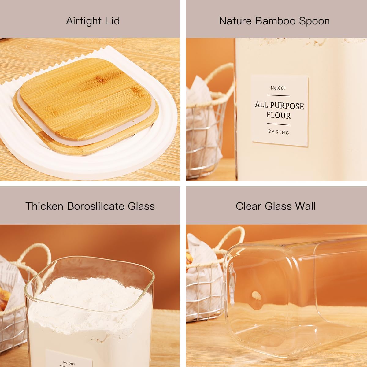 5 Pack Square Glass Pantry Storage Containers with 132 Kitchen Food Pantry Labels - Clear Glass Pantry Jars with Airtight Wood Bamboo Lids - Glass Canisters for Pasta, Cereal, Coffee, Flour, Sugar