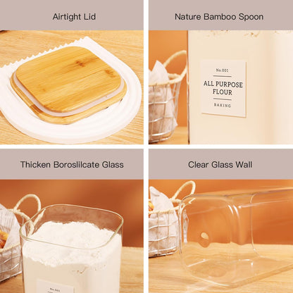 5 Pack Square Glass Pantry Storage Containers with 132 Kitchen Food Pantry Labels - Clear Glass Pantry Jars with Airtight Wood Bamboo Lids - Glass Canisters for Pasta, Cereal, Coffee, Flour, Sugar