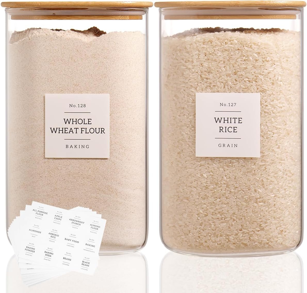 5 Pack Square Glass Pantry Storage Containers with 132 Kitchen Food Pantry Labels - Clear Glass Pantry Jars with Airtight Wood Bamboo Lids - Glass Canisters for Pasta, Cereal, Coffee, Flour, Sugar