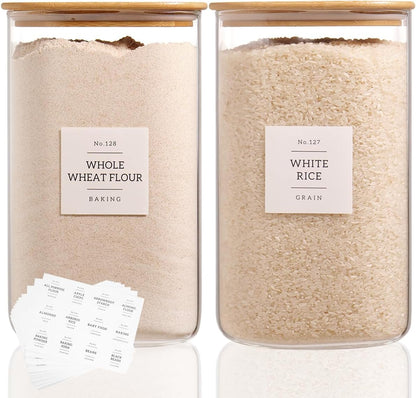 5 Pack Square Glass Pantry Storage Containers with 132 Kitchen Food Pantry Labels - Clear Glass Pantry Jars with Airtight Wood Bamboo Lids - Glass Canisters for Pasta, Cereal, Coffee, Flour, Sugar