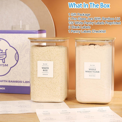 5 Pack Square Glass Pantry Storage Containers with 132 Kitchen Food Pantry Labels - Clear Glass Pantry Jars with Airtight Wood Bamboo Lids - Glass Canisters for Pasta, Cereal, Coffee, Flour, Sugar