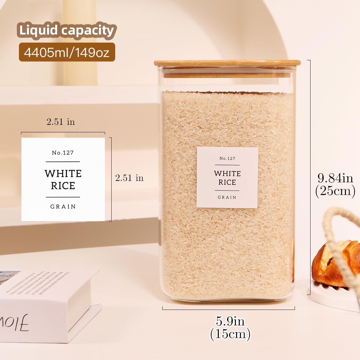 5 Pack Square Glass Pantry Storage Containers with 132 Kitchen Food Pantry Labels - Clear Glass Pantry Jars with Airtight Wood Bamboo Lids - Glass Canisters for Pasta, Cereal, Coffee, Flour, Sugar