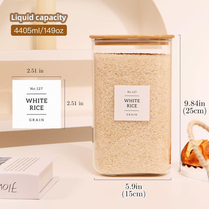 5 Pack Square Glass Pantry Storage Containers with 132 Kitchen Food Pantry Labels - Clear Glass Pantry Jars with Airtight Wood Bamboo Lids - Glass Canisters for Pasta, Cereal, Coffee, Flour, Sugar