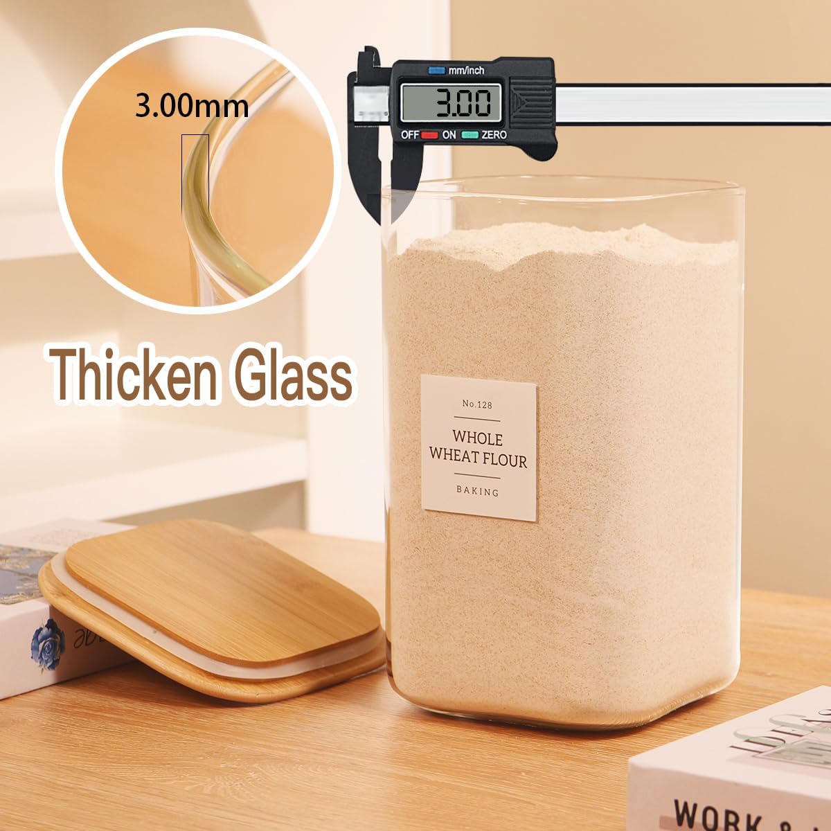 5 Pack Square Glass Pantry Storage Containers with 132 Kitchen Food Pantry Labels - Clear Glass Pantry Jars with Airtight Wood Bamboo Lids - Glass Canisters for Pasta, Cereal, Coffee, Flour, Sugar