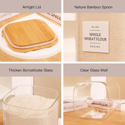 5 Pack Square Glass Pantry Storage Containers with 132 Kitchen Food Pantry Labels - Clear Glass Pantry Jars with Airtight Wood Bamboo Lids - Glass Canisters for Pasta, Cereal, Coffee, Flour, Sugar