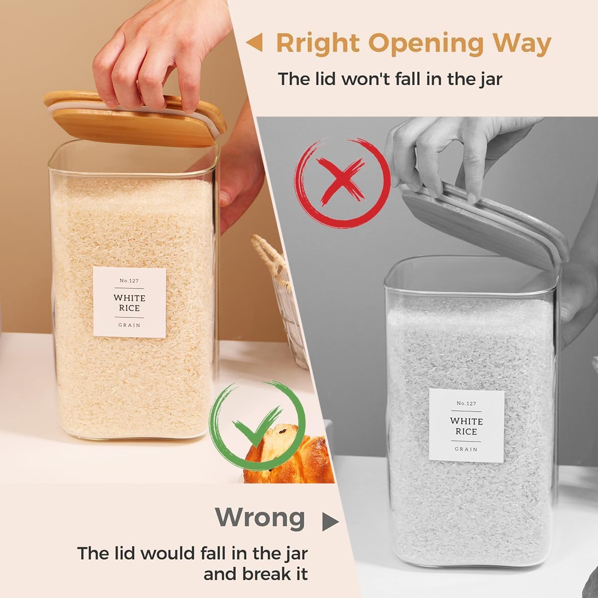 5 Pack Square Glass Pantry Storage Containers with 132 Kitchen Food Pantry Labels - Clear Glass Pantry Jars with Airtight Wood Bamboo Lids - Glass Canisters for Pasta, Cereal, Coffee, Flour, Sugar
