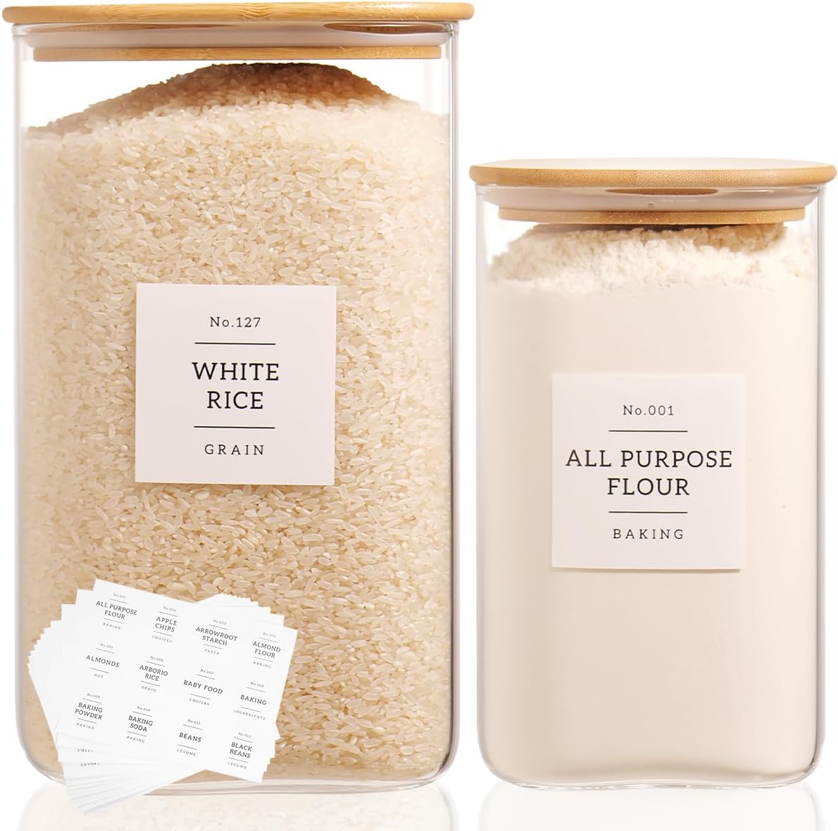 5 Pack Square Glass Pantry Storage Containers with 132 Kitchen Food Pantry Labels - Clear Glass Pantry Jars with Airtight Wood Bamboo Lids - Glass Canisters for Pasta, Cereal, Coffee, Flour, Sugar