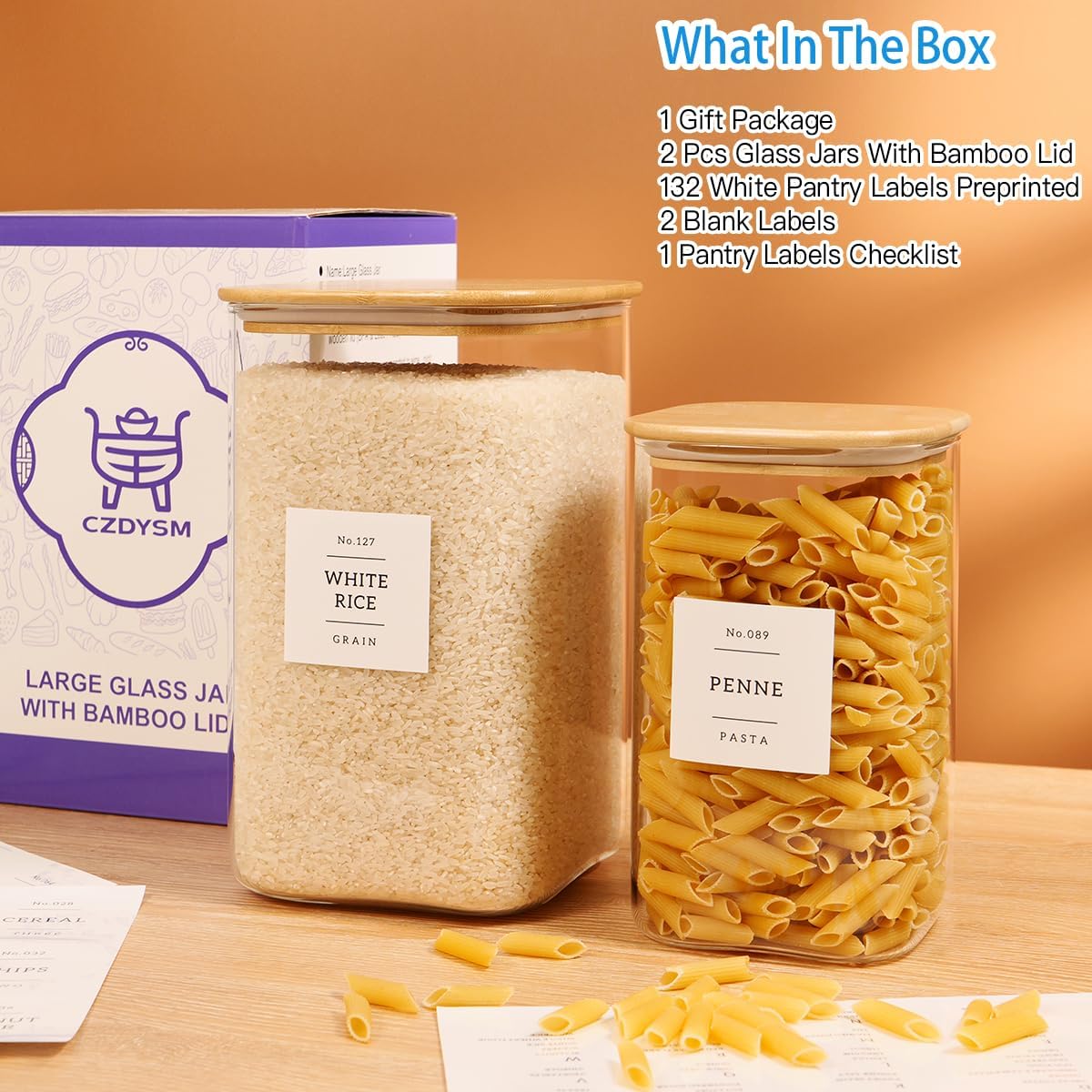 5 Pack Square Glass Pantry Storage Containers with 132 Kitchen Food Pantry Labels - Clear Glass Pantry Jars with Airtight Wood Bamboo Lids - Glass Canisters for Pasta, Cereal, Coffee, Flour, Sugar