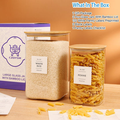 5 Pack Square Glass Pantry Storage Containers with 132 Kitchen Food Pantry Labels - Clear Glass Pantry Jars with Airtight Wood Bamboo Lids - Glass Canisters for Pasta, Cereal, Coffee, Flour, Sugar