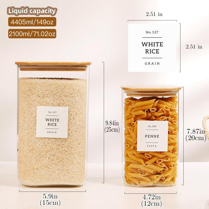5 Pack Square Glass Pantry Storage Containers with 132 Kitchen Food Pantry Labels - Clear Glass Pantry Jars with Airtight Wood Bamboo Lids - Glass Canisters for Pasta, Cereal, Coffee, Flour, Sugar