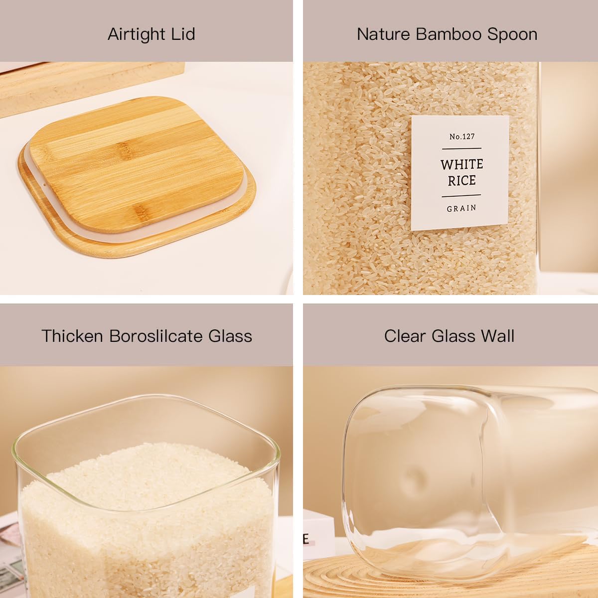 5 Pack Square Glass Pantry Storage Containers with 132 Kitchen Food Pantry Labels - Clear Glass Pantry Jars with Airtight Wood Bamboo Lids - Glass Canisters for Pasta, Cereal, Coffee, Flour, Sugar