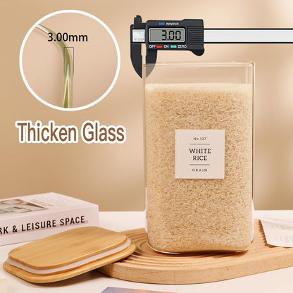 5 Pack Square Glass Pantry Storage Containers with 132 Kitchen Food Pantry Labels - Clear Glass Pantry Jars with Airtight Wood Bamboo Lids - Glass Canisters for Pasta, Cereal, Coffee, Flour, Sugar