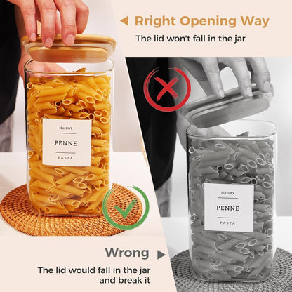 5 Pack Square Glass Pantry Storage Containers with 132 Kitchen Food Pantry Labels - Clear Glass Pantry Jars with Airtight Wood Bamboo Lids - Glass Canisters for Pasta, Cereal, Coffee, Flour, Sugar